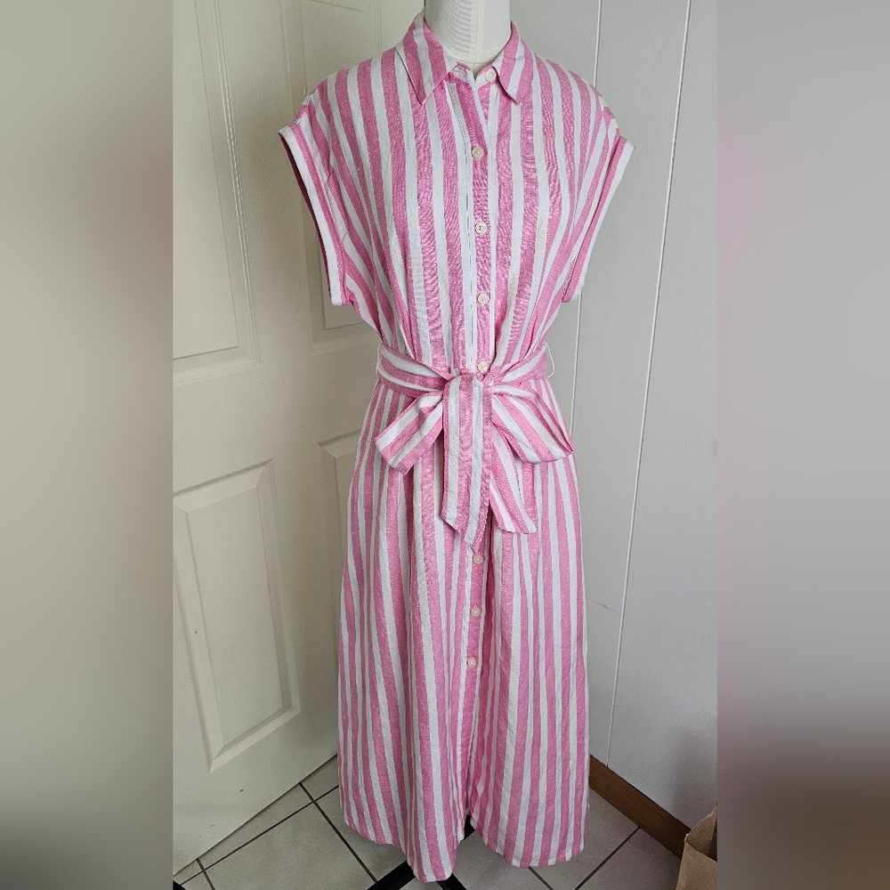 LOFT Poppy Stripe Linen Blend Pocket Midi Shirtdress Pink Size 2